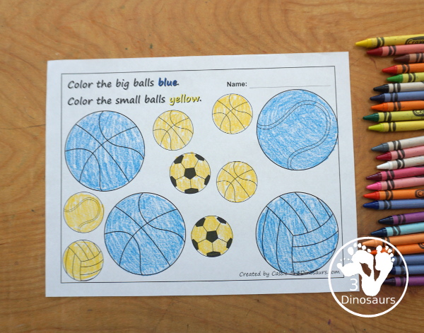 Free Summer Olympics Tot Printables - a color by size worksheet that uses different types of sports balls. - 3Dinosaurs.com