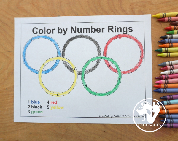 Free Summer Olympics Tot Printables - a fun coloring page with the Olympic rings that you color by number - 3Dinosaurs.com