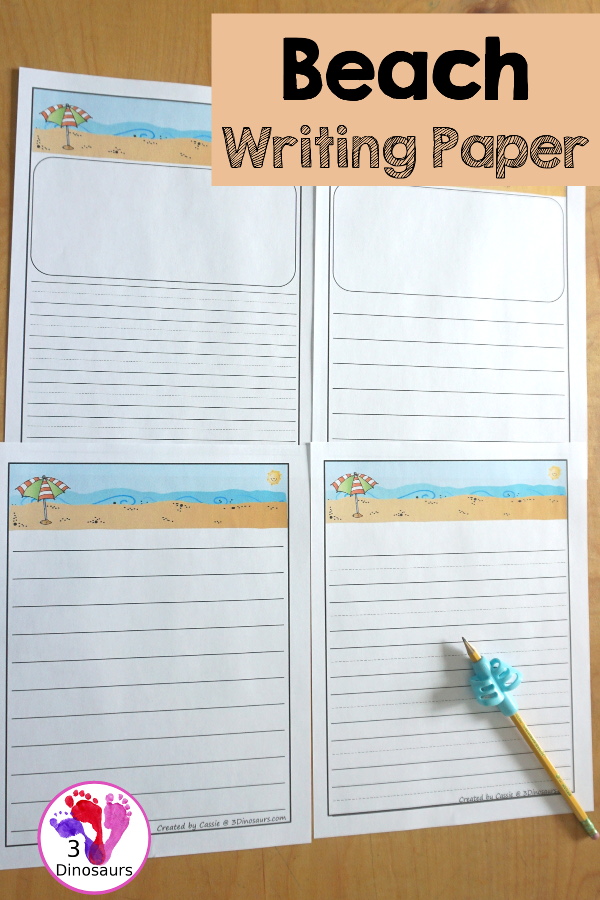 Free Beach Writing Paper - two styles of writing lines with single lines and guideline. You have a page with area for drawing and a page with just the lines to help with writing during the summer. - 3Dinosaurs.com