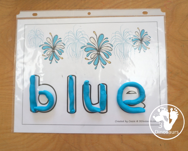 Free Firework Color Word Playdough Mat Printables - fireworks in a single color with color word below. A fun theme color word playdough mat for kids.- 3Dinosaurs.com