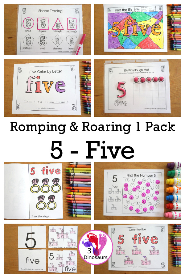 Romping & Roaring Number 5 Princess Theme Pack - with number 5 worksheets, number 5 puzzles, number 5 handwriting, number 5 dot marker worksheets and more for PreK and kindergarten age kids with a castle and princess theme. - 3Dinosaurs.com
