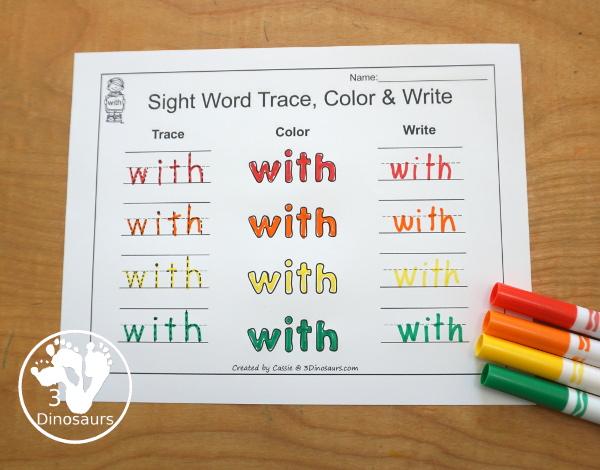 Free Romping & Roaring Primer Sight Words: Who, Will, With, Yes - you have 6 pages for each sight word that work on learning the sight word in different ways with reading, writing, and finding. 3Dinosaurs.com