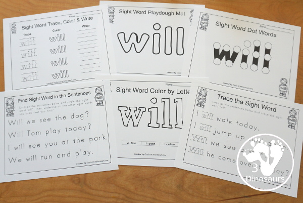 Free Romping & Roaring Primer Sight Words: Who, Will, With, Yes - you have 6 pages for each sight word that work on learning the sight word in different ways with reading, writing, and finding. 3Dinosaurs.com