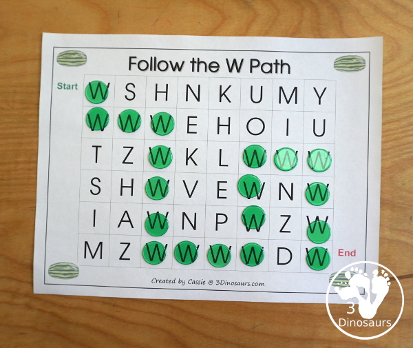 Free Romping & Roaring W Pack: Letter W is for Watermelon - a letter W pack that has prewriting, finding letters, tracing letters, coloring pages, shapes, puzzles and more - 3Dinosaurs.com