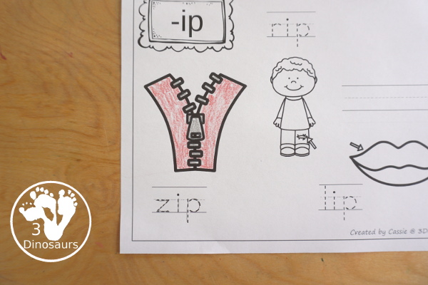Free CVC Word Family Coloring Pages: Short I Vowel with ig, in, ip, it with tracing the words, coloring the pictures and draw their own short i word for the short i vowels plus ending - 3Dinosaurs.com