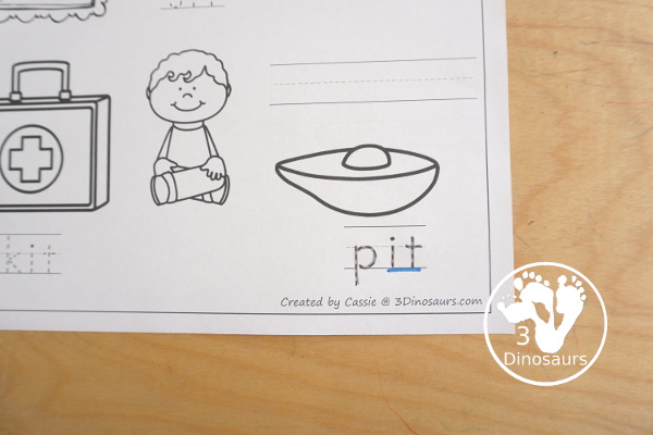 Free CVC Word Family Coloring Pages: Short I Vowel with ig, in, ip, it with tracing the words, coloring the pictures and draw their own short i word for the short i vowels plus ending - 3Dinosaurs.com