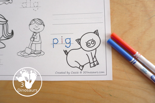 Free CVC Word Family Coloring Pages: Short I Vowel with ig, in, ip, it with tracing the words, coloring the pictures and draw their own short i word for the short i vowels plus ending - 3Dinosaurs.com
