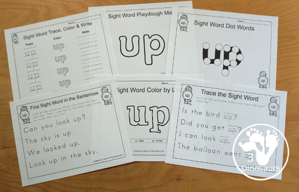 Romping & Roaring Preprimer Sight Word: Up - you have 6 pages for each sight word that work on learning the sight word different ways with reading, writing, and finding. 3Dinosaurs.com