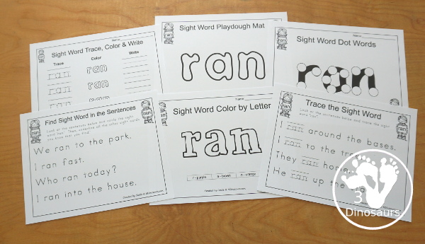 Romping & Roaring Primer Sight Words: pretty, ran, ride, saw - you have 6 pages for each sight word that work on learning the sight word in different ways with reading, writing, and finding. 3Dinosaurs.com