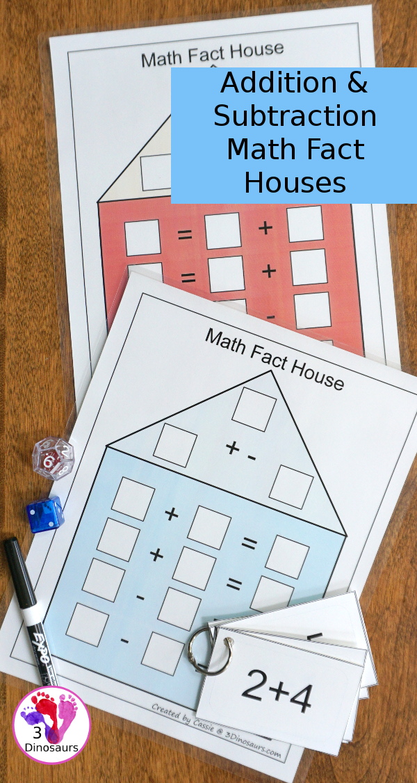 Free Math Fact House Addition & Subtraction - 8 houses with equations in two directions to help those that needs to see the equal sign on either side - 3Dinosaurs.com