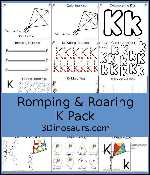 Free Romping & Roaring K Pack Letter Pack: K is for Kite - a letter k pack that has prewriting, finding letters, tracing letters, coloring pages, shapes, puzzles and more - 3Dinosaurs.com