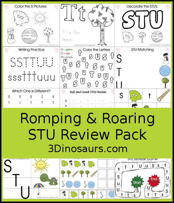 Free Romping & Roaring STU Review Pack- with letter s, letter t, and letter u printables for reviewing the three letters with tracing, puzzles, coloring pages, finger puppets, game and more- 3Dinosaurs.com