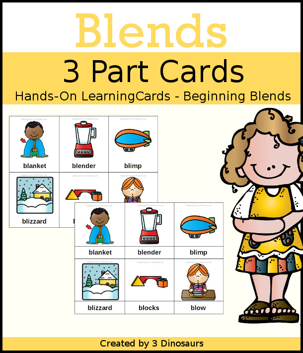 Hands-On Learning With Blends 3 Part Cards | 3 Dinosaurs