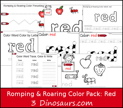 Free Romping & Roaring Color Red Word Pack - 8 pages of activities - 3Dinosaurs.com