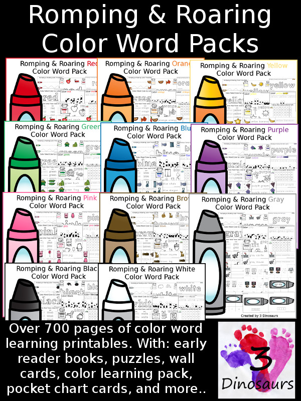 Romping & Roaring Color Word Packs -over 700 pages of activities focused on learning the color words $- 3Dinosaurs.com