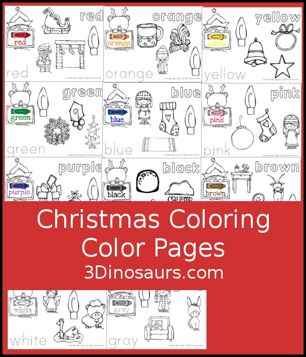 Free Christmas Color Coloring Pages - 11 color pages with color words to trace and Christmas pictures to color. Easy to use for Christmas and great for kids in prek and kindergarten - 3Dinosaurs.com