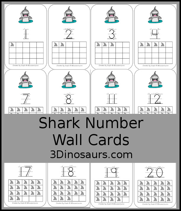 Free Shark Number Wall Cards - with numbers from 0 to 20 for displaying on the wall with how to write the numbers and shark fins counting up to the number - 3Dinosaurs.com