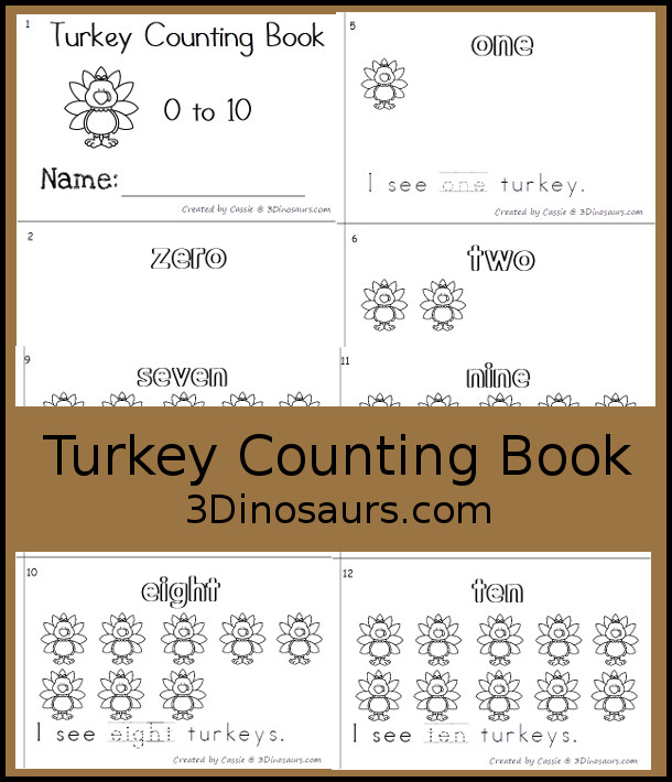 Free Turkey Number Word Counting Book Printable - 3Dinosaurs.com