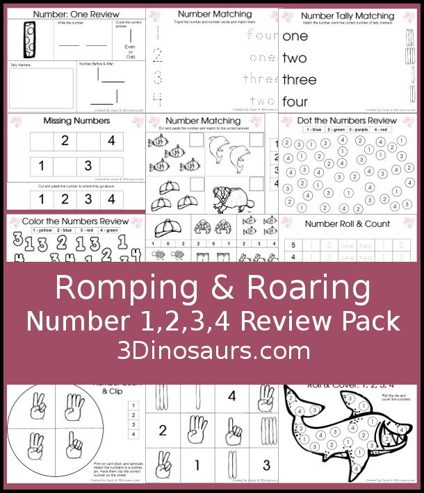 Free Romping & Roaring Number 1,2 , 3, 4 Review Pack with a mix of hands-on and no-prep number worksheets in black and white that work on review numbers 1, 2, 3, 4 - 3Dinosaurs.com