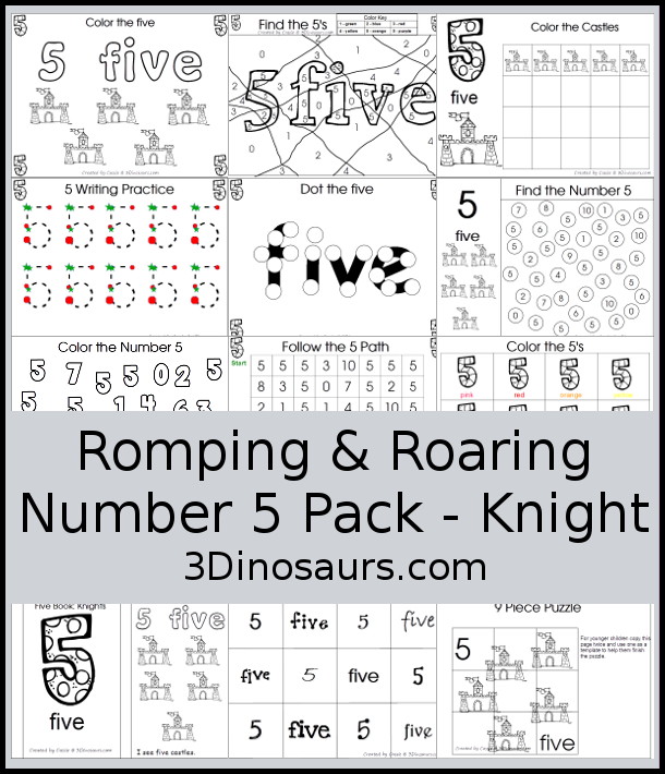 Free Romping and Roaring Number 5 Knight Theme Pack with number 5 worksheets, number 5 puzzles, number 5 handwriting, number 5 dot marker worksheets and more for PreK and kindergarten age kids with a castle and knight theme. - 3Dinosaurs.com