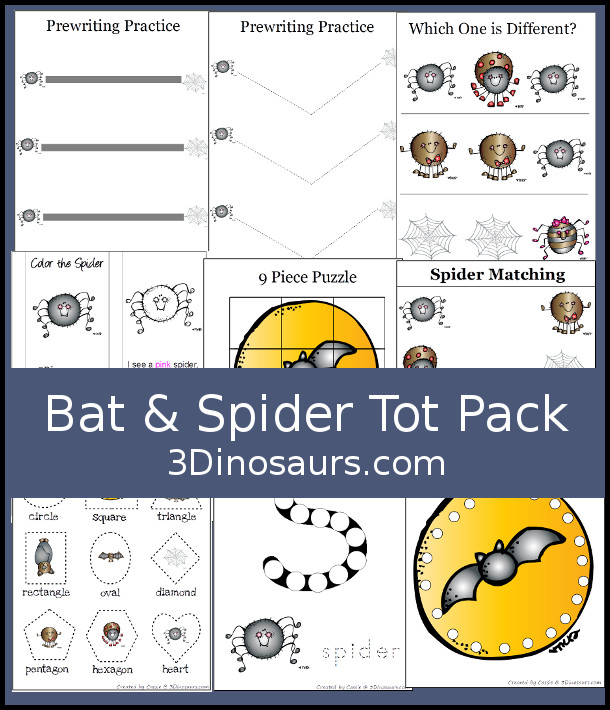 Free Bat & Spider Tot Pack - has 36 pges of activities with prewriting, which is different puzzles, matching cards and dot marker letters - 3Dinosaurs.com
