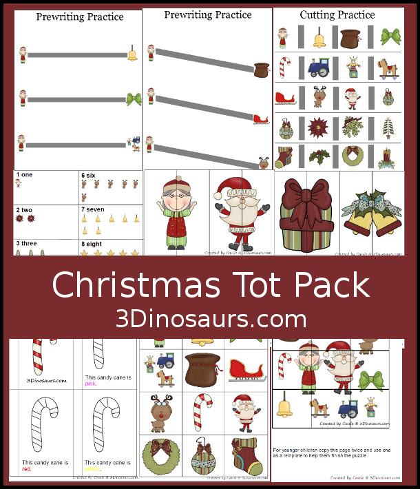 Free ChristmasTot Pack - 18 pages of printables with puzzles, cards, hands-on activities, no-prep pages, small coloring book, and more 3Dinosaurs.com
