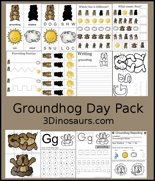 Free Groundhog Day Pack for PreK & Kindergarten - with over 40 pages of printables with groundhog themes with puzzles, cards, prewriting, letter g finds groundhog reporting sheets and more- 3Dinosaurs.com
