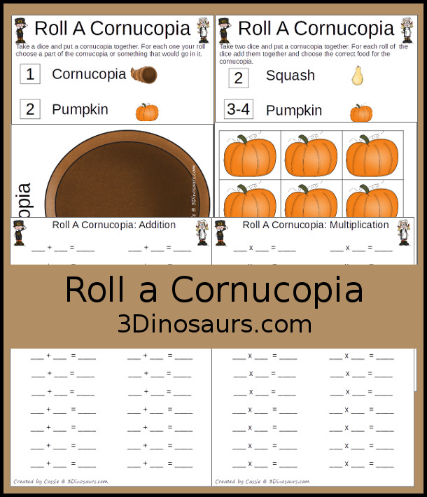 Free Roll A Cornucopia Printable - counting, addition, multiplcation with a Thanksgiving food theme - 3Dinosaurs.com