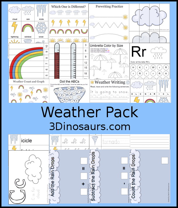 Free Weather Pack for Prek and Kindergarten with print and cursive letters in the pack for working on weather words. You have a mix on no-prep printables and hands-on printables in this weather pack. 3Dinosaurs.com
