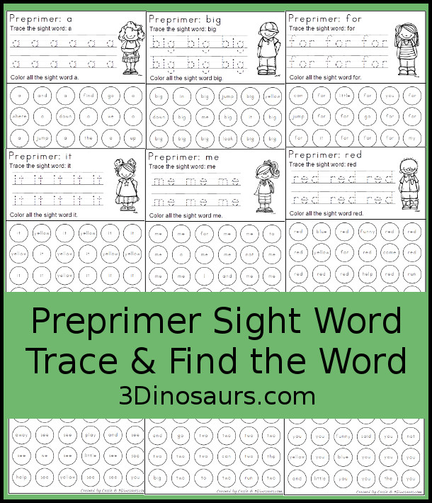 Free Preprimer Sight Word Trace & Dot the Word - with 40 free sight word for kids to work on tracing and then finding the sight word - 3Dinosaurs.com