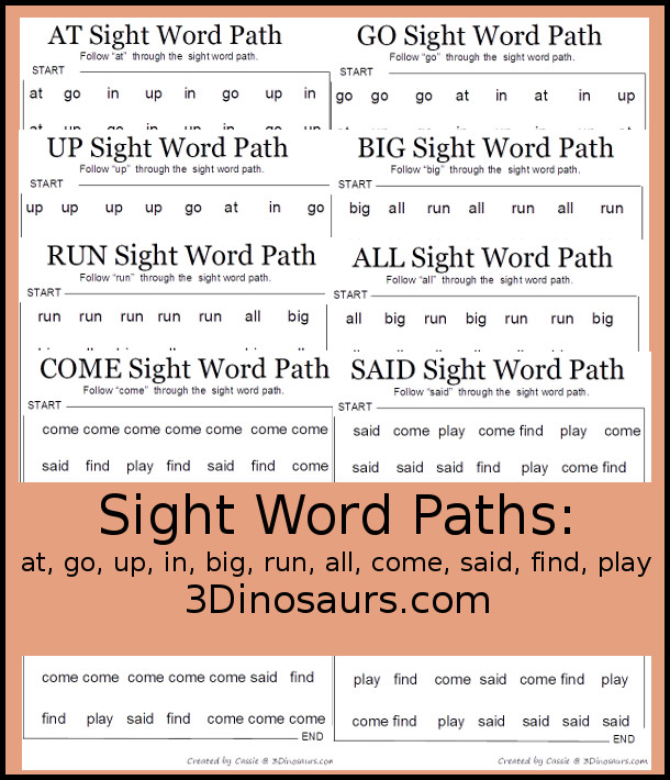 Sight Word Paths: at, go, up, in, big, run, all, come, said, find, play - 3Dinosaurs.com