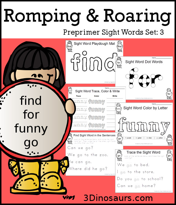 Free Romping & Roaring Preprimer Sight Words Packs Set 3: find, for, funny, go