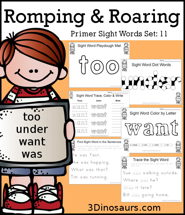 Romping & Roaring Primer Sight Words: too, under, want, was - 3Dinosaurs.com