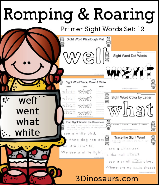 Free Romping & Roaring Primer Sight Words Packs Set 12: well, went, what, white - 3Dinosaurs.com
