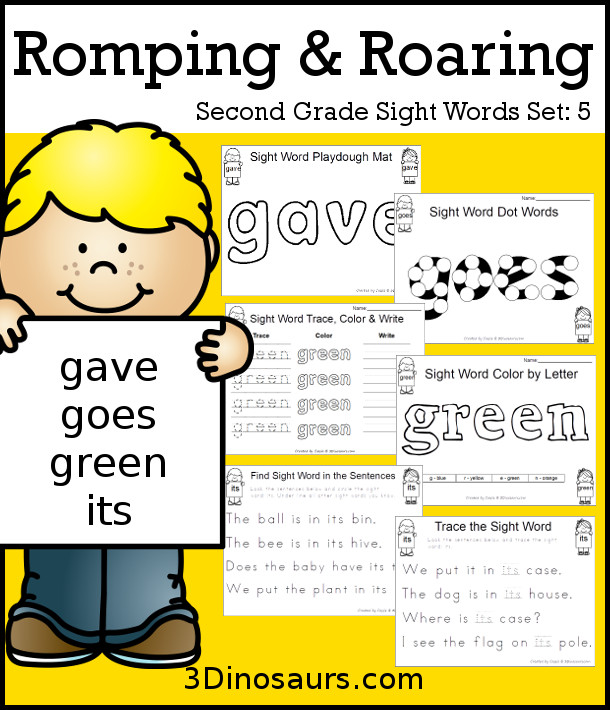 Free Romping & Roaring Second Grade Sight Words: gave, goes, green, its found 6 pages of printables for each word - 3Dinosaurs.com