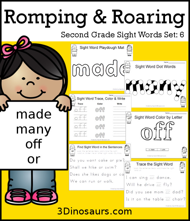 Free Romping & Roaring Second Grade Sight Words: made, many, off, or found 6 pages of printables for each word - 3Dinosaurs.com