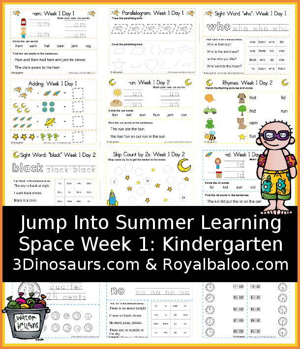 Jump In To Summer: Space Week 1 Tot Week - with short vowel words, sight words, shape, math printables and more with 5 days of printables with four pages for each day