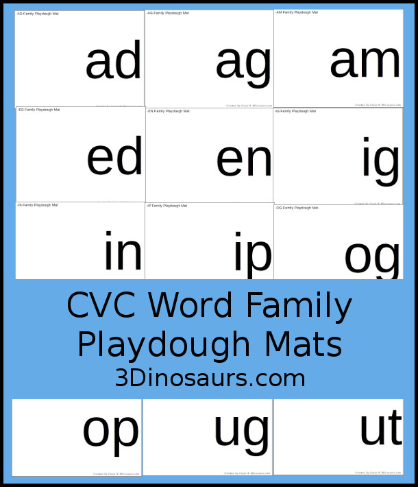 Free of CVC Word Family Playdough Mats: -ad, -ag, -am, -an, -ar, -at, ay, -ed, -en, -et, -ig, -in, -ip, -it, -og, -op, -ot, -ow, -ox -oy, -ug, -un, -ut - 3Dinosaurs.com