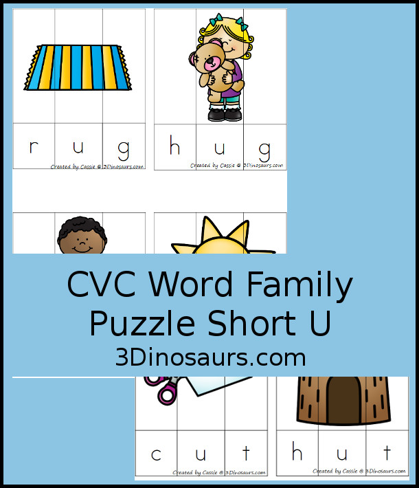 Free CVC Word Family Puzzles Short U - 3 piece puzzles for kids to work on building and learning CVC words with -ug, -un, -ut- 3Dinosaurs.com