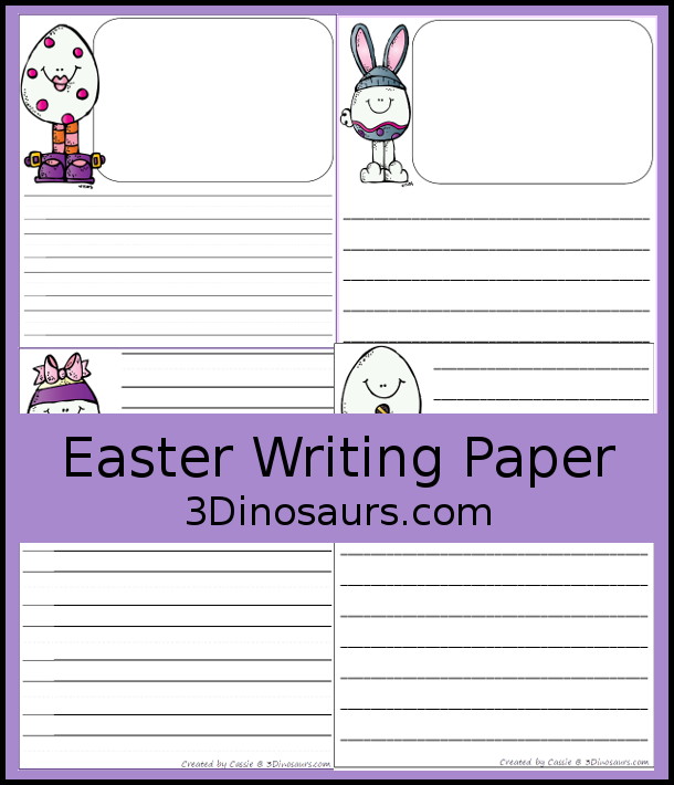 Free Easter Writing Pages has two types of prewriting lines with guidelines and single line paper options. There is with drawing window and without drawing window. 3Dinosaurs.com