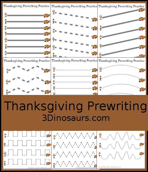 Free Thanksgiving Prewriting Practice Printables - with 28 prewriting printables to use with kids with thin dash lines, thick lines and thick dashed lines all great to work on prewriting during thanksgiving. - 3Dinosaurs.com