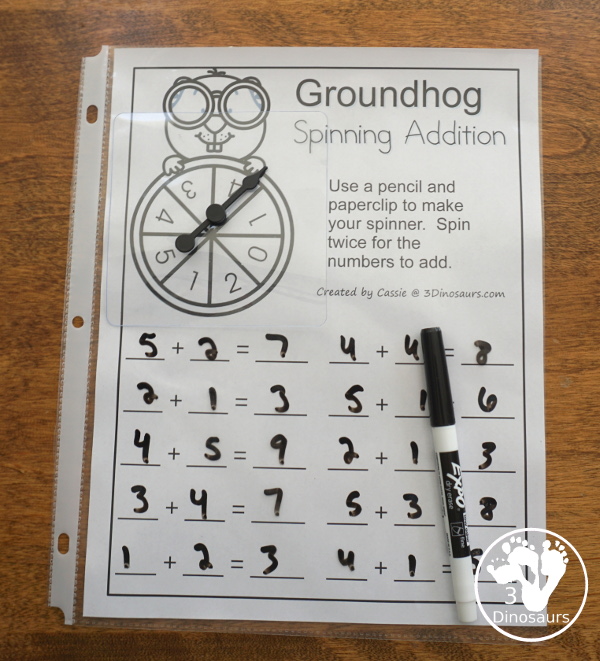 Free Groundhog Spinning Addition - Easy No-Prep Printable - 3 levels of math with single, double and triple numbers - 3Dinosaurs.com