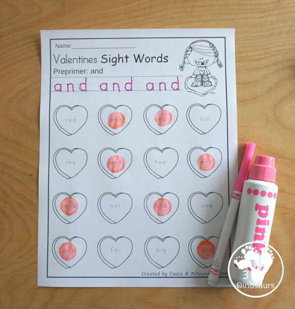 Fun Valentines Themed Sight Word Puzzles Sensory Bag | 3 Dinosaurs