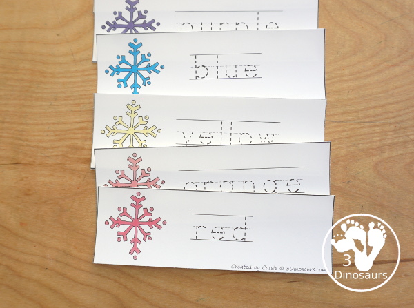 Snowflake Color Pack - with 63 pages of printables with color easy reader book, color clip cards, color tracing strips, color writing strips, color pocket chart cards, color word writing, color word puzzles, and more all to work on learning color words. This is a great winter snowflake theme - 3Dinosaurs.com