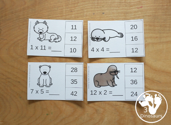Free Arctic Animals Multiplication Clip Cards - with multiplication from 1 to 12 for kids to work on clipping the correct answer for the multiplication with 4 cards for each number with 12 pages of printables - 3Dinosaurs.com