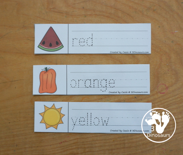 Free Color Word Tracing Strip Printables - tracing strips with the color word, color word beginning sound, and writing the color word. You have 11 color words for kids to learn. - 3Dinosaurs.com