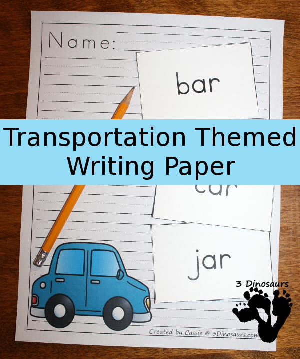 Zoom Along with Transportation Themed Writing Paper | 3 Dinosaurs