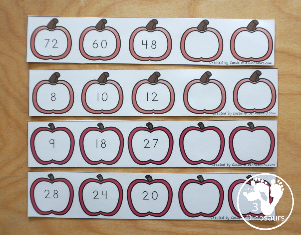 Free Fall Themed Skip Counting Strips: Apples & Pumpkins - two sets of skip counting strips for numbers 1 to 12 with two forward and two backward - 3Dinosaurs.com