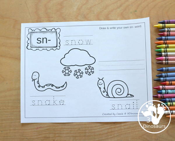 Free Blends Coloring Pages SN - you have three words on each page with tracing the blends and the coloring the picture with space to make draw and write their own blend word - 3Dinosaurs.com