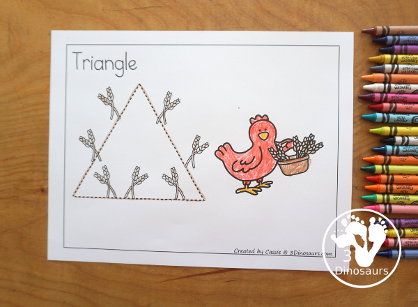 Free Little Red Hen Shape Tracing Printable with 9 shapes for kids to trace with a wheat and little red hen theme. Only one shape on each page - 3Dinosaurs.com